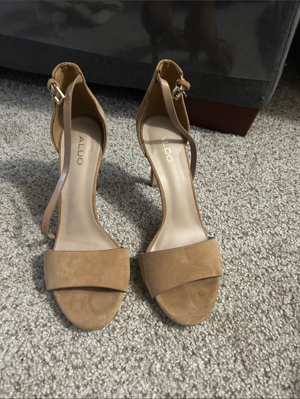 ALDO Tan Suede Single-Band Ankle Strap Heels with Gold Buckle